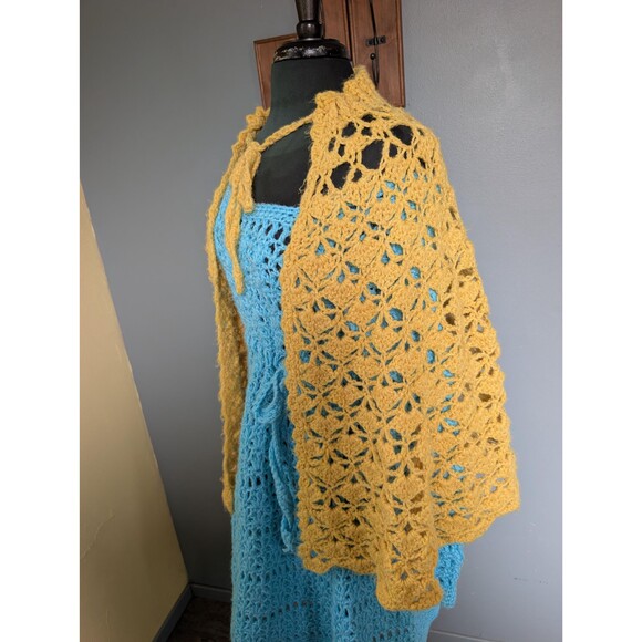 Vintage Yellow Crochet Knit Shawl Wrap - Picture 4 of 16